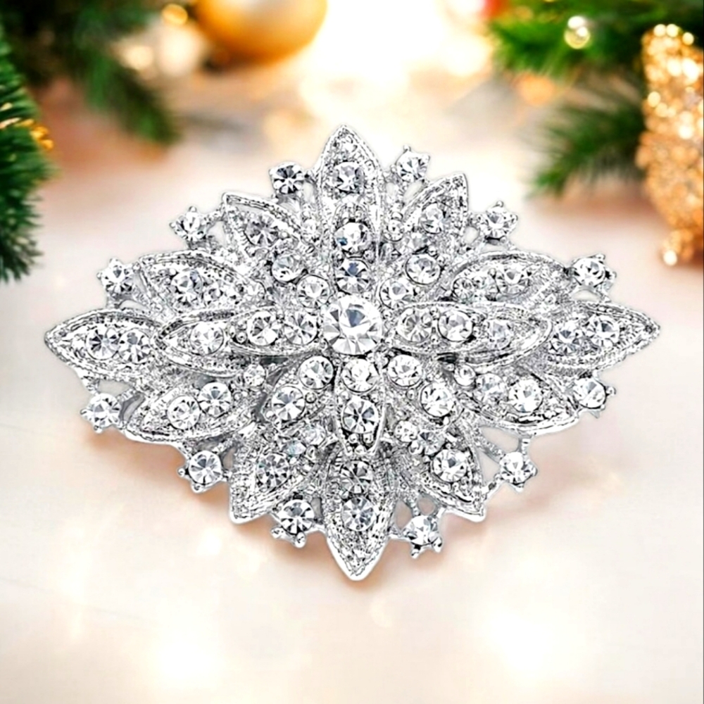 Silver Crystal Floral Brooch Pin - Elegant Women’s Jewelry